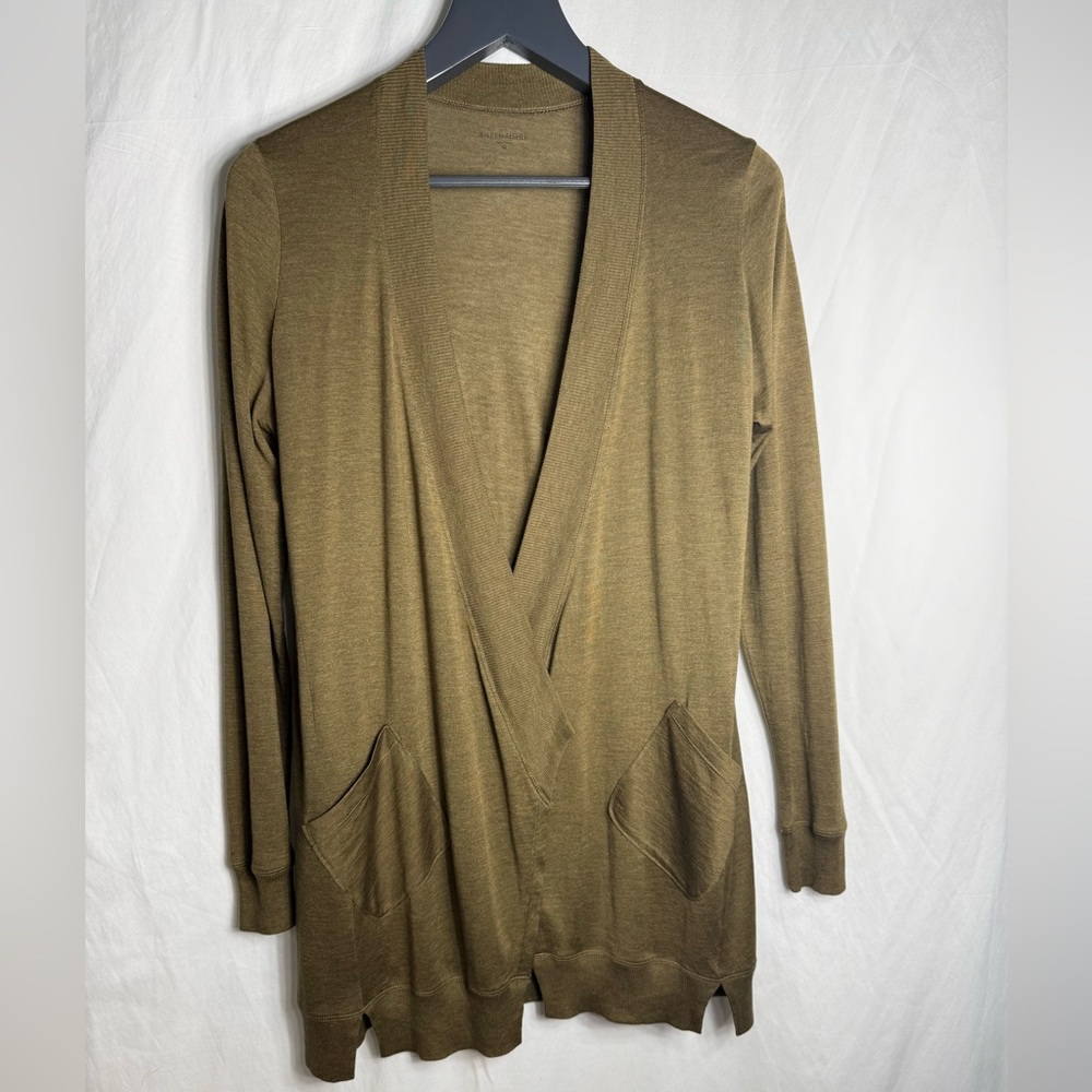 Eileen Fisher 70%Silk-30%Cotton Open-Front Long Sleeve Cardigan With Pockets